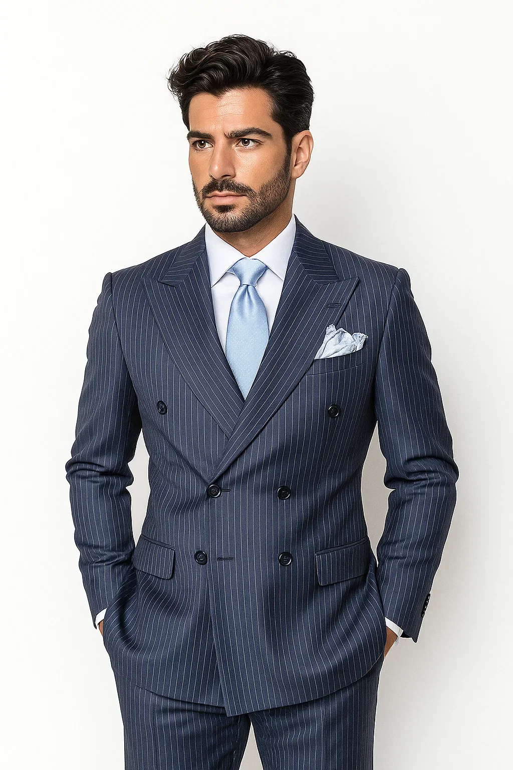 Suits With Baggy Pleated Pants - Wide Leg Pants 100% Wool - Classic Fit in Navy with White Pinstripe Color by Rossiman - Image 3