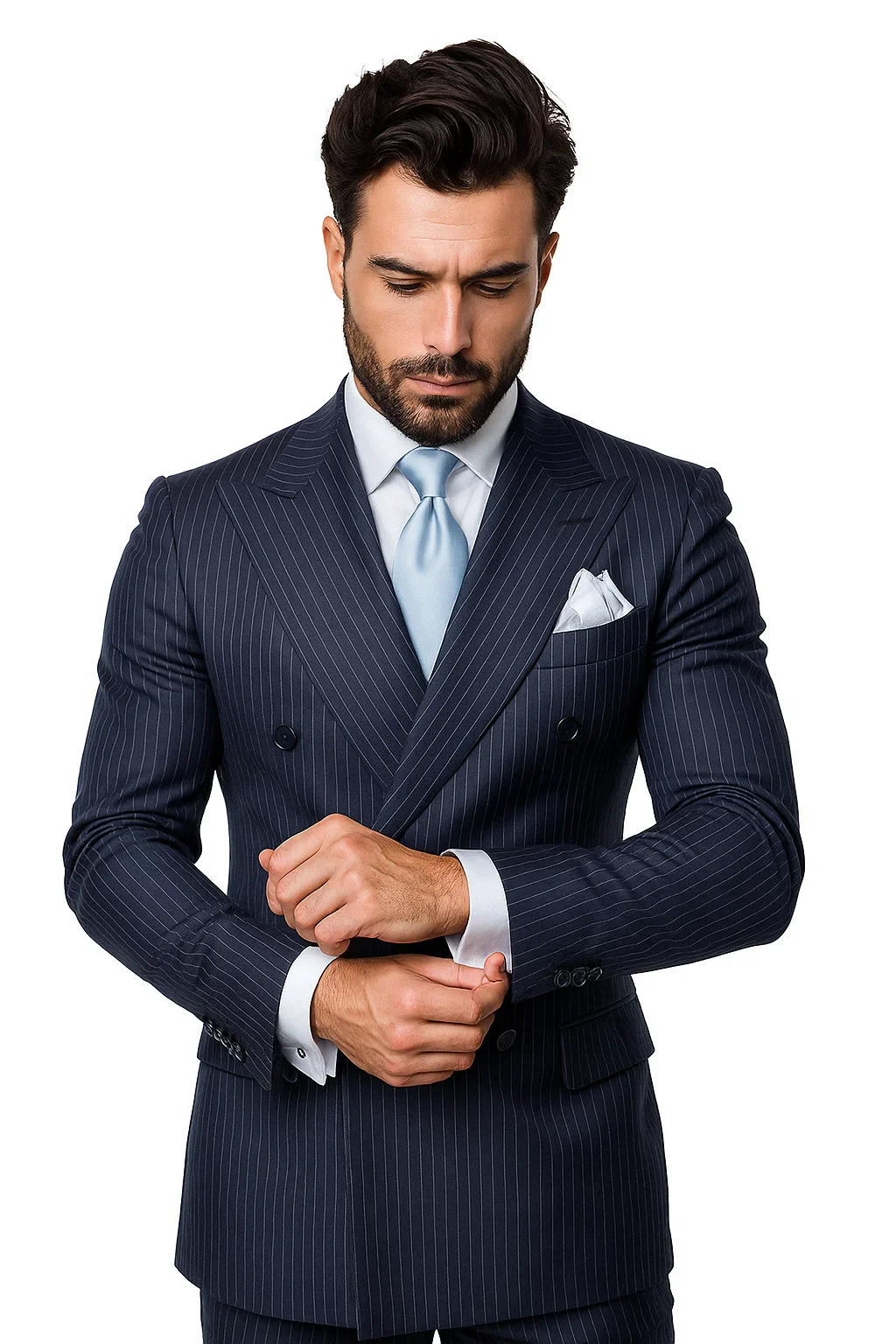 Suits With Baggy Pleated Pants - Wide Leg Pants 100% Wool - Classic Fit in Navy with White Pinstripe Color by Rossiman - Image 6