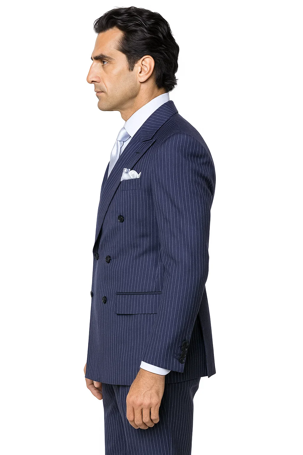 Suits With Baggy Pleated Pants - Wide Leg Pants 100% Wool - Classic Fit in Navy with White Pinstripe Color by Rossiman - Image 7