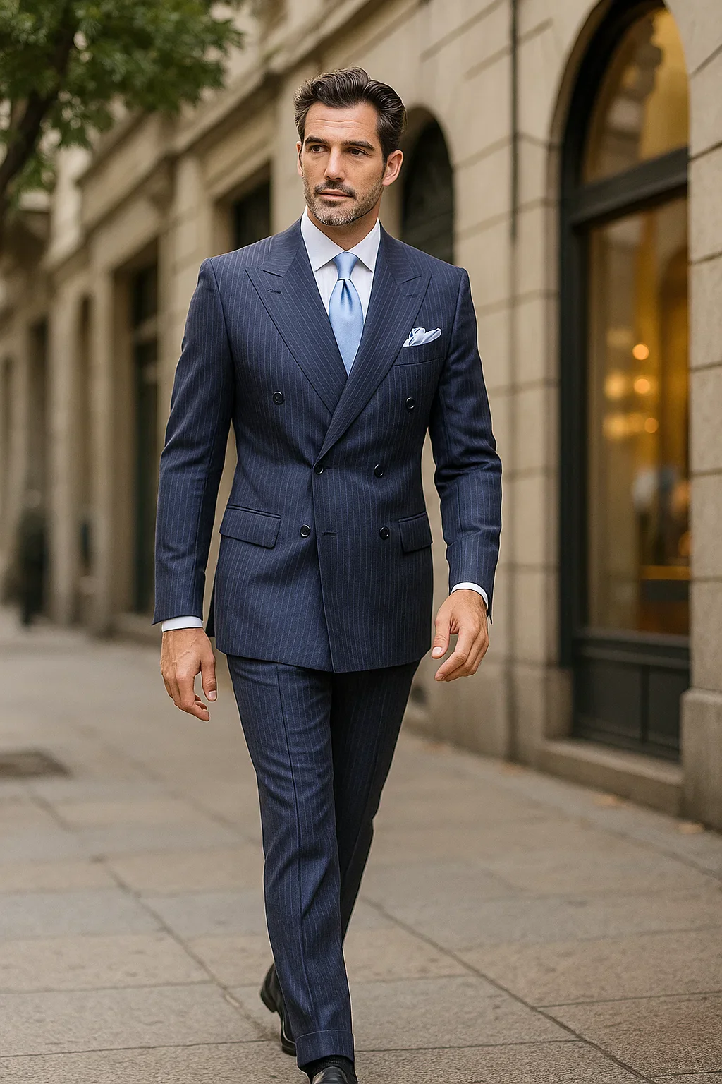Suits With Baggy Pleated Pants - Wide Leg Pants 100% Wool - Classic Fit in Navy with White Pinstripe Color by Rossiman - Image 9