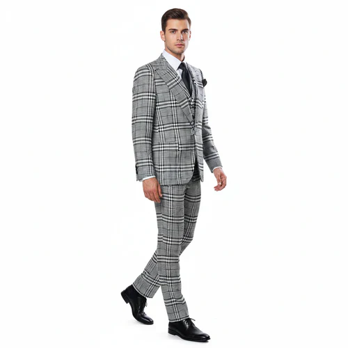 Suits With Baggy Pleated Pants - Wide Leg Pants 100% Wool - Classic Fit in One Button 3 Piece Suit by Rossiman - Image 4