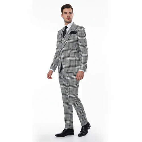 Suits With Baggy Pleated Pants - Wide Leg Pants 100% Wool - Classic Fit in One Button 3 Piece Suit by Rossiman - Image 5