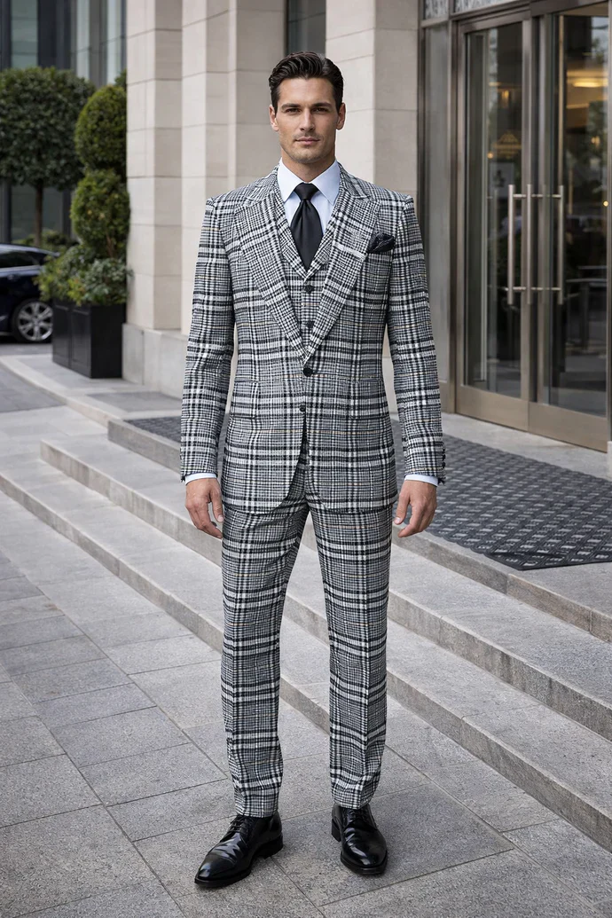Suits With Baggy Pleated Pants - Wide Leg Pants 100% Wool - Classic Fit in One Button 3 Piece Suit by Rossiman - Image 6