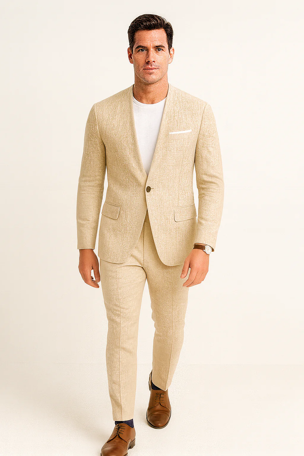 Tan Linen Suit For Summer - Collarless Blazer and Pants Collarless Lapel - No Lapel Casual! - Image 3