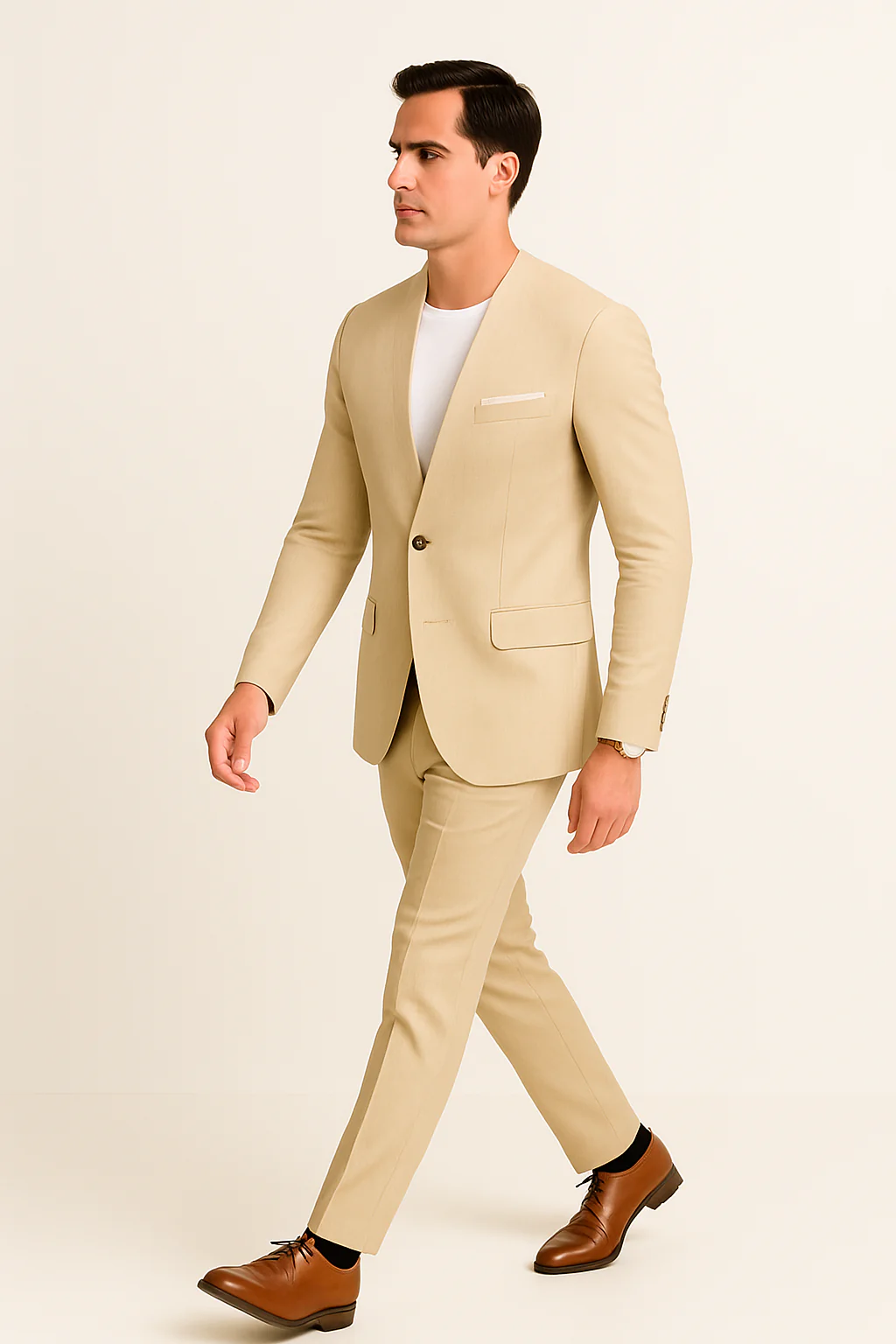 Tan Linen Suit For Summer - Collarless Blazer and Pants Collarless Lapel - No Lapel Casual! - Image 4