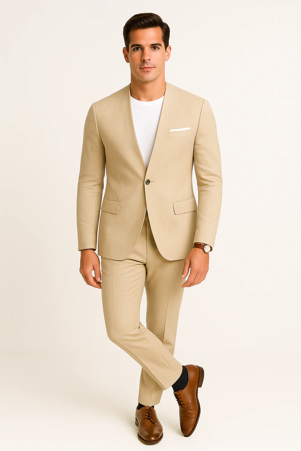 Tan Linen Suit For Summer - Collarless Blazer and Pants Collarless Lapel - No Lapel Casual! - Image 5