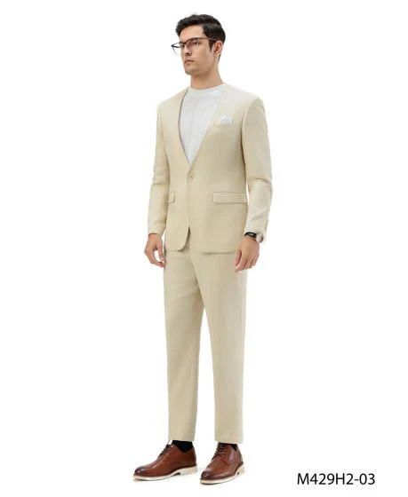 Tan Linen Suit For Summer - Collarless Blazer and Pants Collarless Lapel - No Lapel Casual! - Image 6