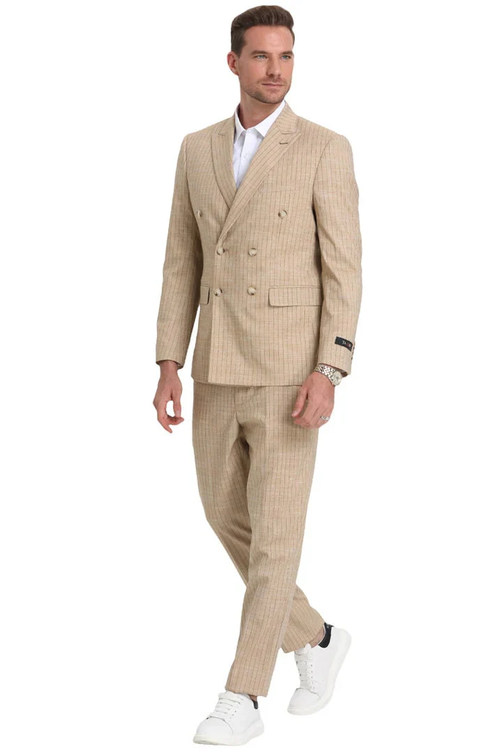 Tan Suits For Wedding - Tan Groomsmen Suits - Tan Pin-Stripe Tuxedo - Image 2