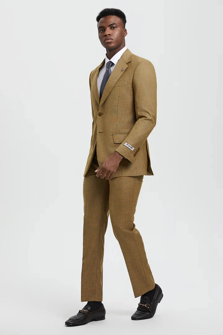 Tan Suits For Wedding - Tan Groomsmen Suits - Tan Sharkskin  Tuxedo - Image 3
