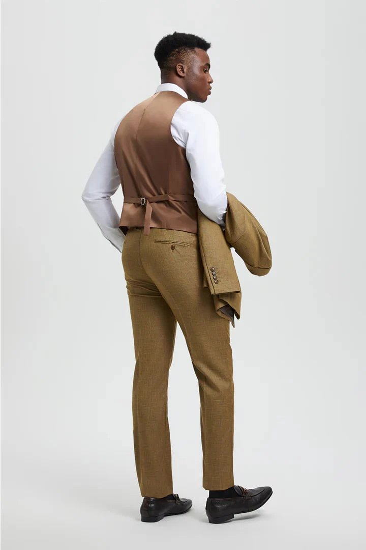 Tan Suits For Wedding - Tan Groomsmen Suits - Tan Sharkskin  Tuxedo - Image 4