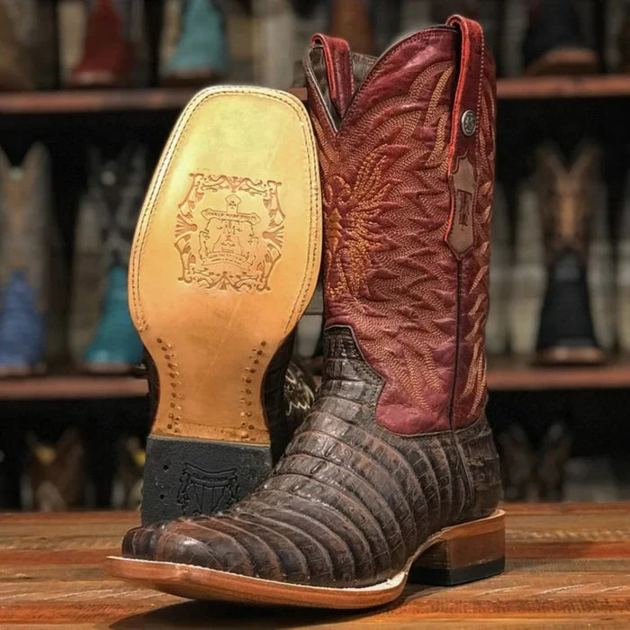 Men's The Bandit Print Caiman Tail Square Toe Boots Chocolate - Image 2