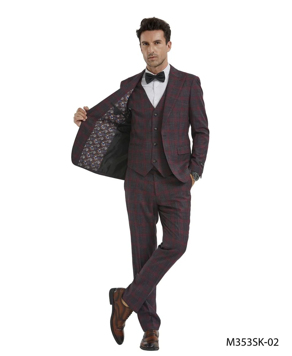 Tazio Men's Fit 3 Piece Plaid Suit Bold Patterned Look - Image 3