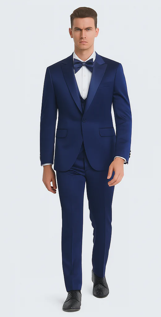 Tazzio Men's Blue Satin Double Breasted 3-Piece Skinny Fit Suit with Peak Lapel Vest & Matching Bowtie – Formal Tuxedo Style