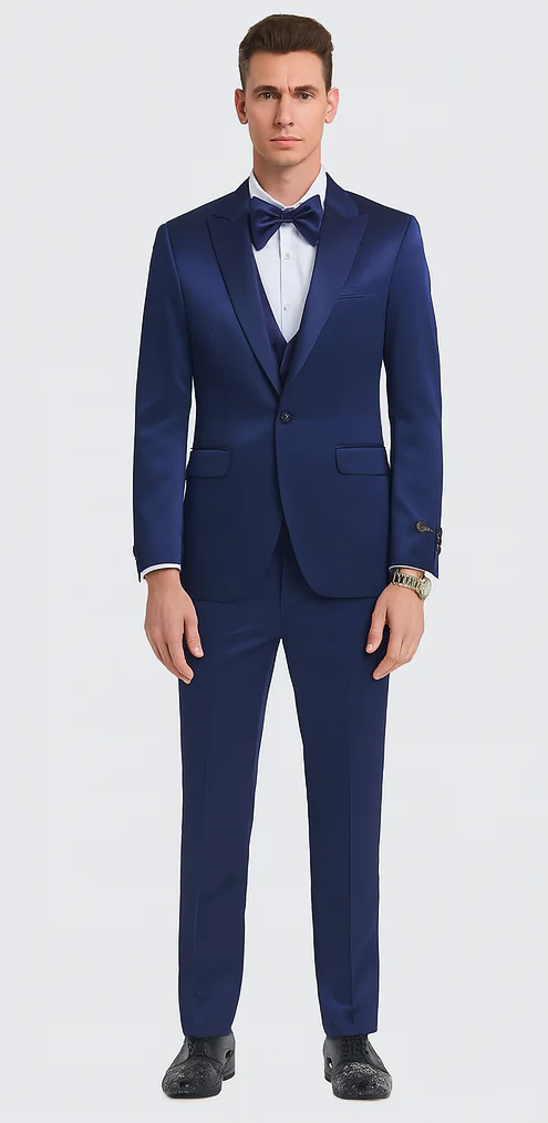 Tazzio Men's Blue Satin Double Breasted 3-Piece Skinny Fit Suit with Peak Lapel Vest & Matching Bowtie – Formal Tuxedo Style - Image 2