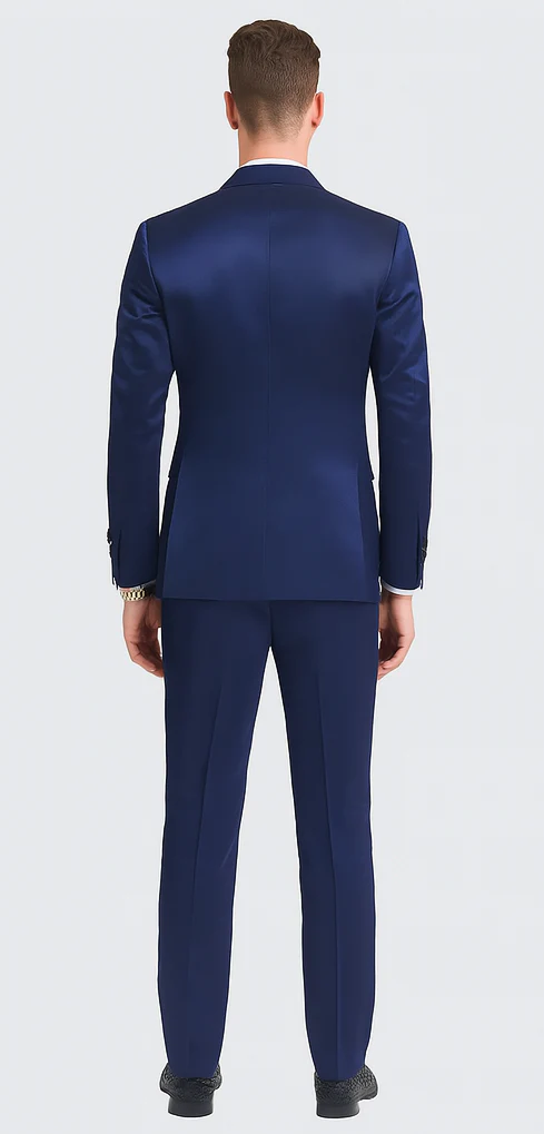 Tazzio Men's Blue Satin Double Breasted 3-Piece Skinny Fit Suit with Peak Lapel Vest & Matching Bowtie – Formal Tuxedo Style - Image 3