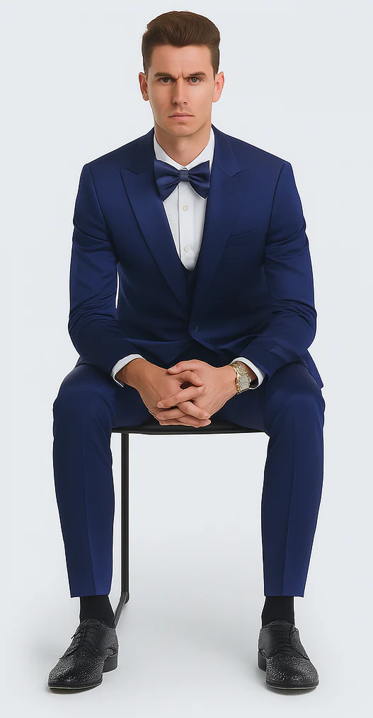Tazzio Men's Blue Satin Double Breasted 3-Piece Skinny Fit Suit with Peak Lapel Vest & Matching Bowtie – Formal Tuxedo Style - Image 4