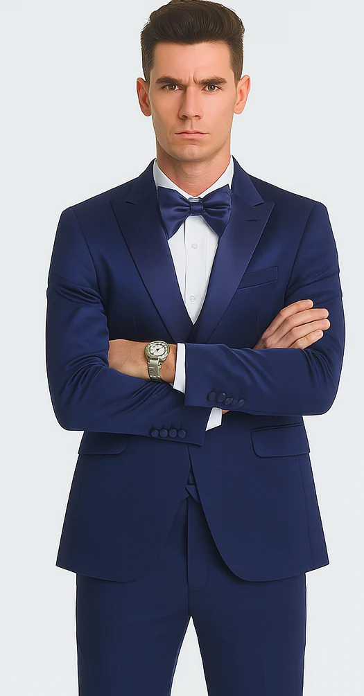 Tazzio Men's Blue Satin Double Breasted 3-Piece Skinny Fit Suit with Peak Lapel Vest & Matching Bowtie – Formal Tuxedo Style - Image 5