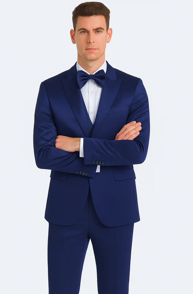 Tazzio Men's Blue Satin Double Breasted 3-Piece Skinny Fit Suit with Peak Lapel Vest & Matching Bowtie – Formal Tuxedo Style - Image 6