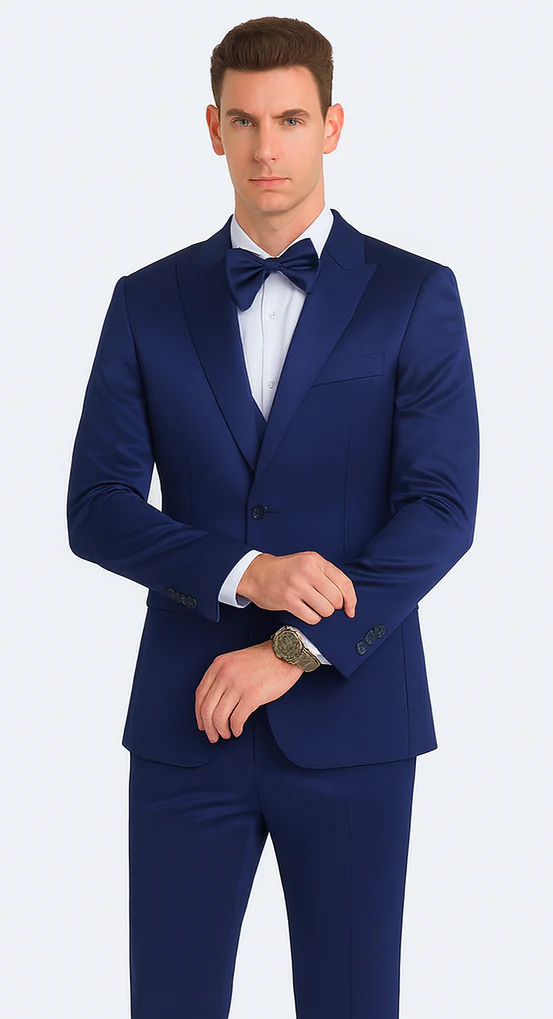 Tazzio Men's Blue Satin Double Breasted 3-Piece Skinny Fit Suit with Peak Lapel Vest & Matching Bowtie – Formal Tuxedo Style - Image 7