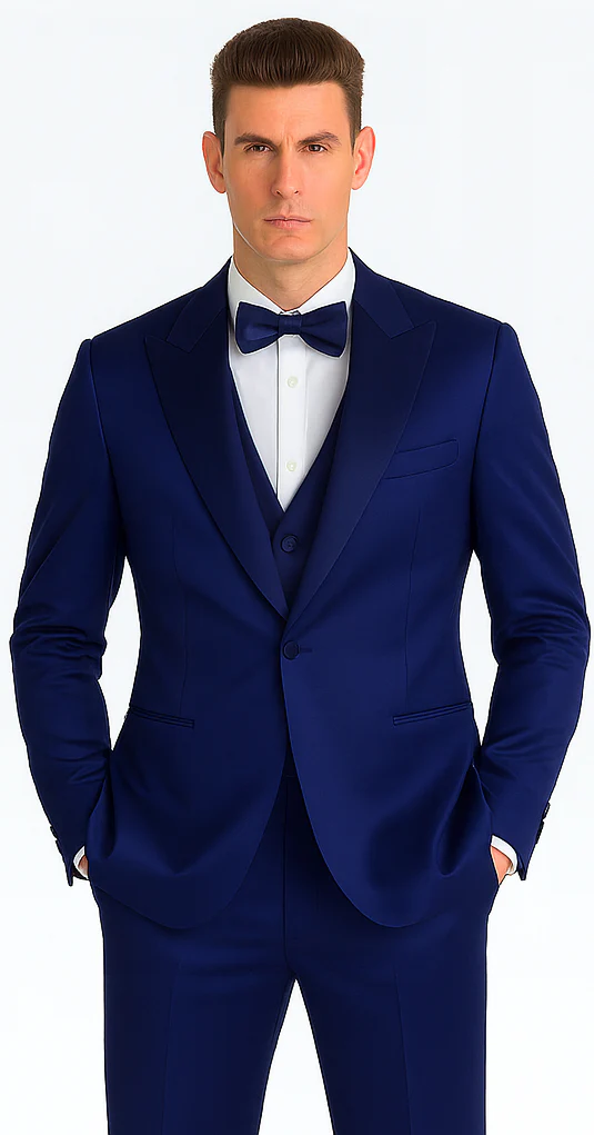 Tazzio Men's Blue Satin Double Breasted 3-Piece Skinny Fit Suit with Peak Lapel Vest & Matching Bowtie – Formal Tuxedo Style - Image 8