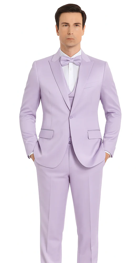 Tazzio Men's Lavender Satin Double Breasted 3-Piece Skinny Fit Suit with Peak Lapel Vest & Matching Bowtie – Stylish Formalwear Set