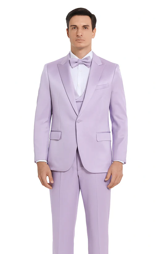 Tazzio Men's Lavender Satin Double Breasted 3-Piece Skinny Fit Suit with Peak Lapel Vest & Matching Bowtie – Stylish Formalwear Set - Image 2