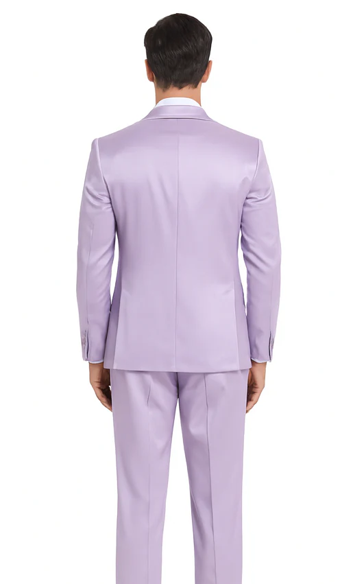 Tazzio Men's Lavender Satin Double Breasted 3-Piece Skinny Fit Suit with Peak Lapel Vest & Matching Bowtie – Stylish Formalwear Set - Image 3