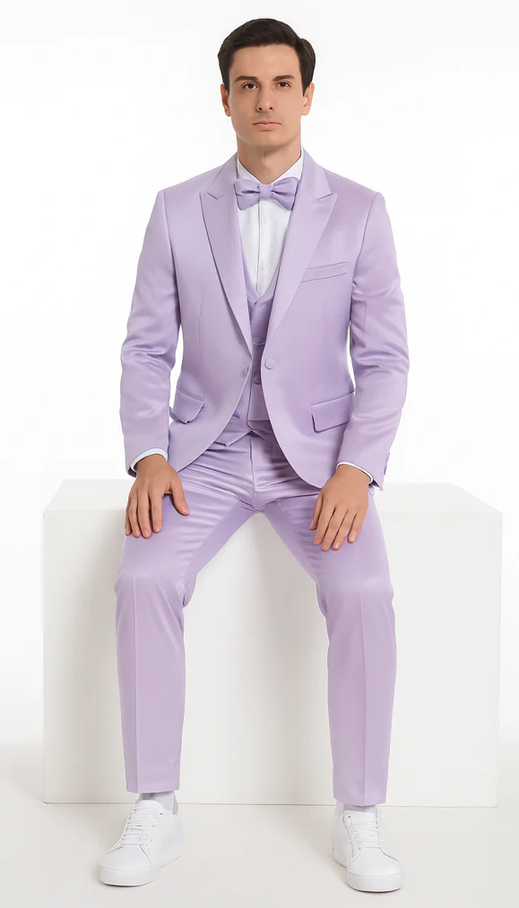 Tazzio Men's Lavender Satin Double Breasted 3-Piece Skinny Fit Suit with Peak Lapel Vest & Matching Bowtie – Stylish Formalwear Set - Image 4