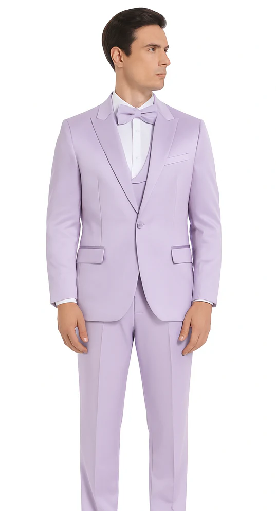 Tazzio Men's Lavender Satin Double Breasted 3-Piece Skinny Fit Suit with Peak Lapel Vest & Matching Bowtie – Stylish Formalwear Set - Image 5