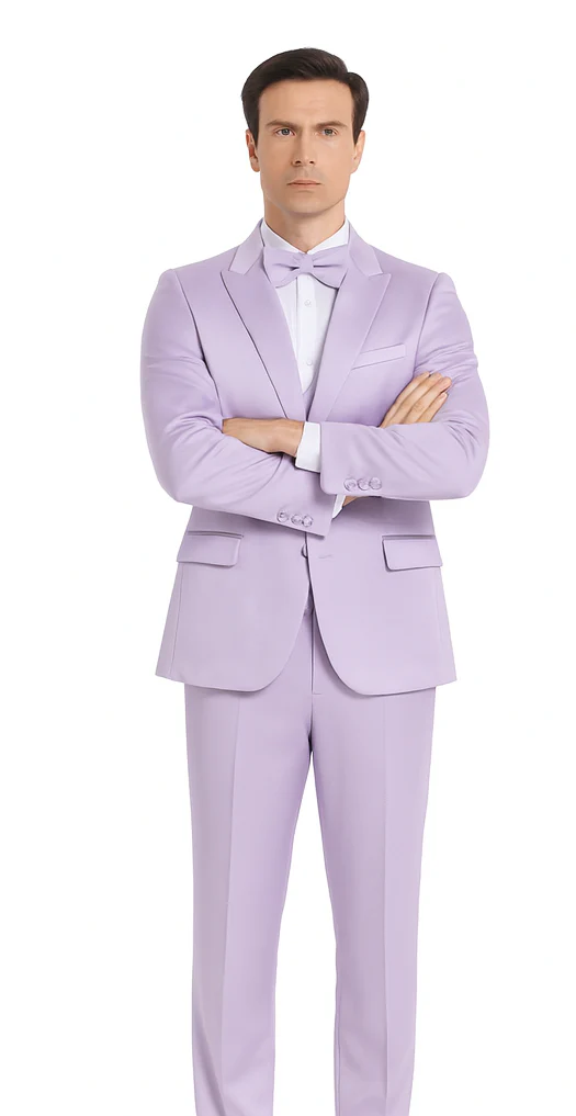 Tazzio Men's Lavender Satin Double Breasted 3-Piece Skinny Fit Suit with Peak Lapel Vest & Matching Bowtie – Stylish Formalwear Set - Image 6