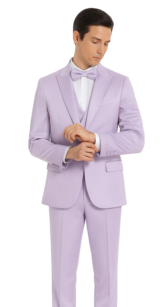 Tazzio Men's Lavender Satin Double Breasted 3-Piece Skinny Fit Suit with Peak Lapel Vest & Matching Bowtie – Stylish Formalwear Set - Image 7