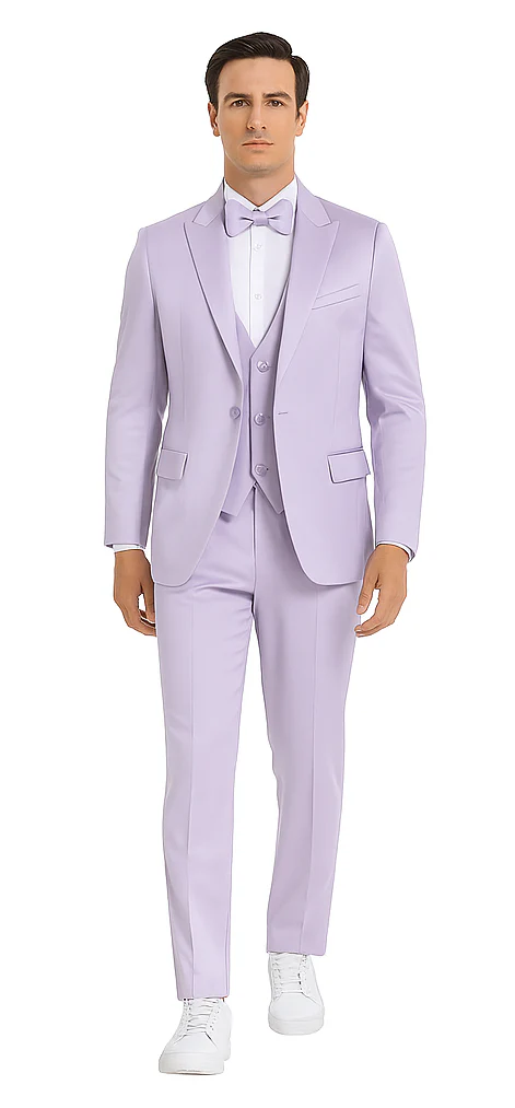 Tazzio Men's Lavender Satin Double Breasted 3-Piece Skinny Fit Suit with Peak Lapel Vest & Matching Bowtie – Stylish Formalwear Set - Image 8
