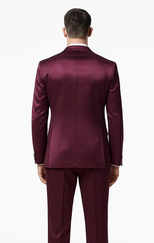 Tazzio Men's Purple Satin Double Breasted 3-Piece Skinny Fit Suit with Peak Lapel Vest & Matching Bowtie – Luxury Formalwear Ensemble - Image 2