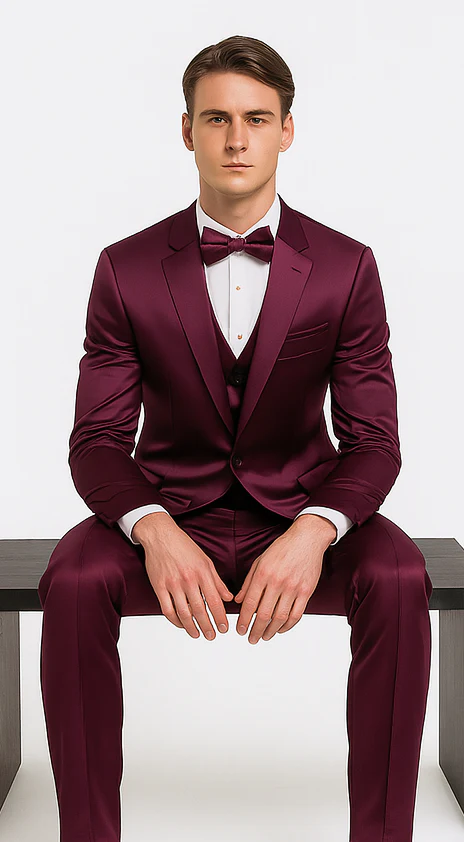 Tazzio Men's Purple Satin Double Breasted 3-Piece Skinny Fit Suit with Peak Lapel Vest & Matching Bowtie – Luxury Formalwear Ensemble - Image 3