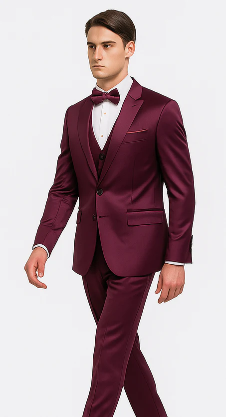 Tazzio Men's Purple Satin Double Breasted 3-Piece Skinny Fit Suit with Peak Lapel Vest & Matching Bowtie – Luxury Formalwear Ensemble - Image 4