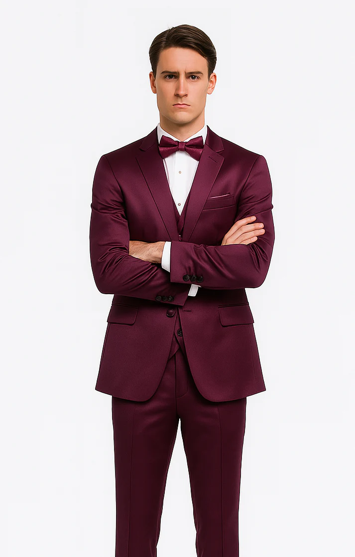 Tazzio Men's Purple Satin Double Breasted 3-Piece Skinny Fit Suit with Peak Lapel Vest & Matching Bowtie – Luxury Formalwear Ensemble - Image 5