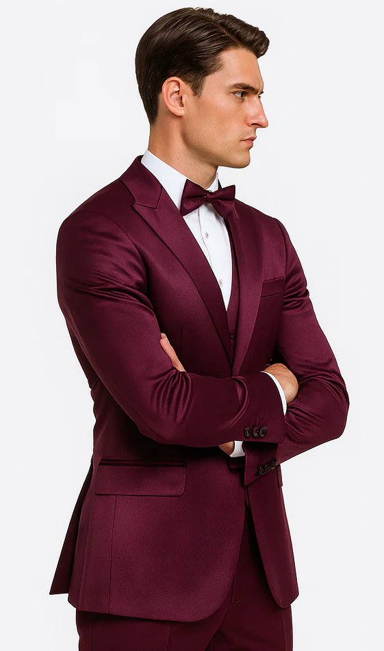Tazzio Men's Purple Satin Double Breasted 3-Piece Skinny Fit Suit with Peak Lapel Vest & Matching Bowtie – Luxury Formalwear Ensemble - Image 6