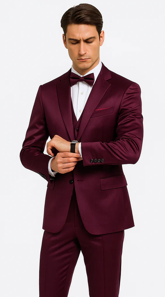 Tazzio Men's Purple Satin Double Breasted 3-Piece Skinny Fit Suit with Peak Lapel Vest & Matching Bowtie – Luxury Formalwear Ensemble - Image 7