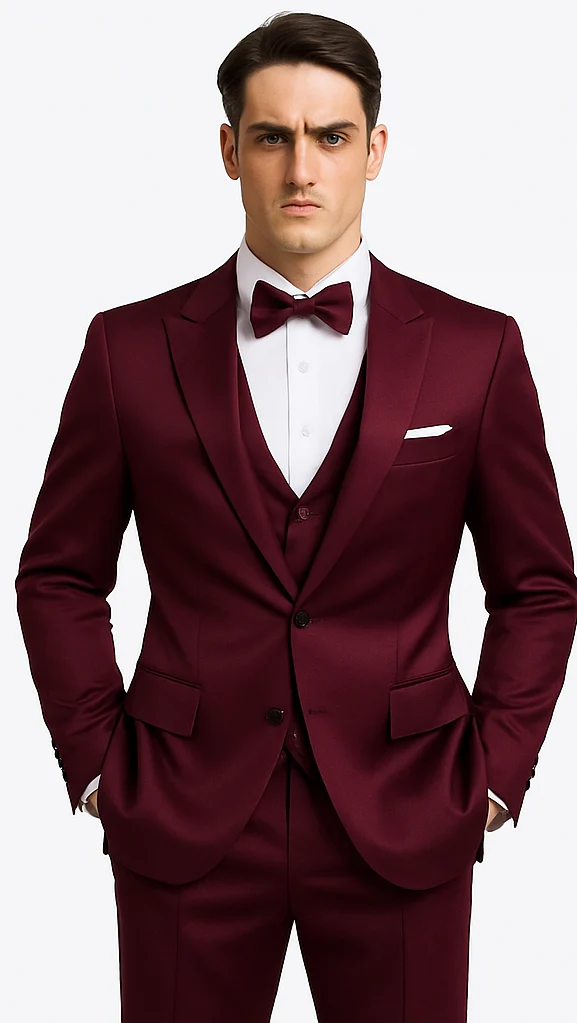Tazzio Men's Purple Satin Double Breasted 3-Piece Skinny Fit Suit with Peak Lapel Vest & Matching Bowtie – Luxury Formalwear Ensemble - Image 8