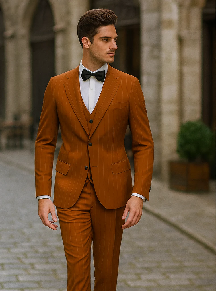Tazzio Terracotta Orange Skinny Fit Pinstriped Suit for Men – Stylish Modern Suit - Image 3
