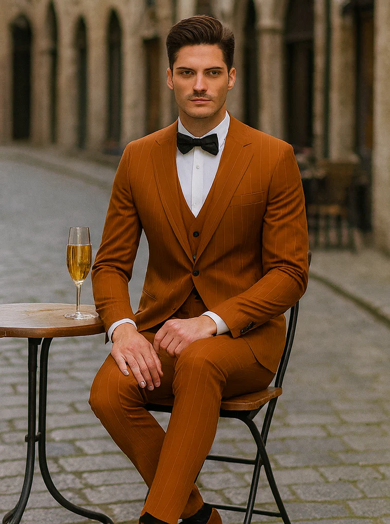 Tazzio Terracotta Orange Skinny Fit Pinstriped Suit for Men – Stylish Modern Suit - Image 4