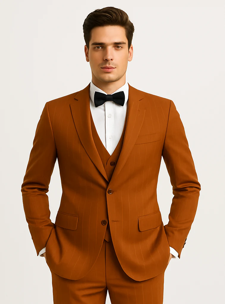Tazzio Terracotta Orange Skinny Fit Pinstriped Suit for Men – Stylish Modern Suit - Image 5