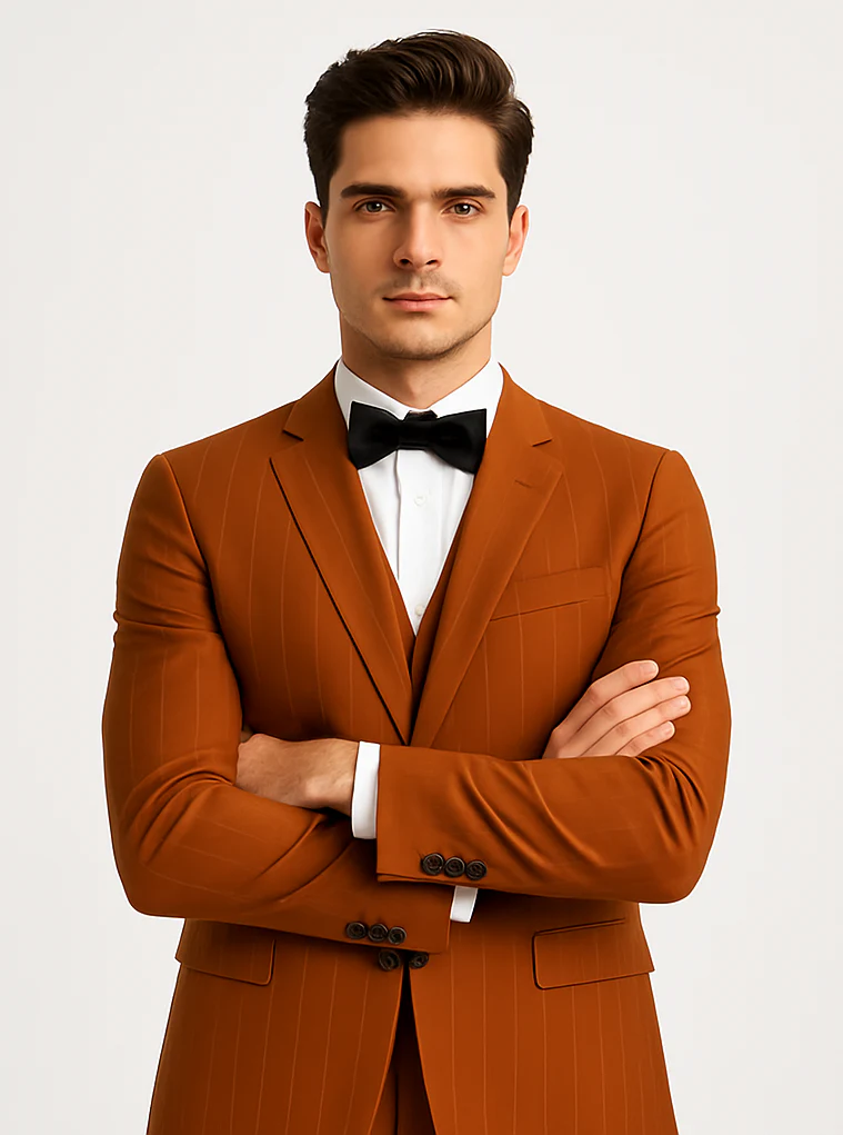 Tazzio Terracotta Orange Skinny Fit Pinstriped Suit for Men – Stylish Modern Suit - Image 7