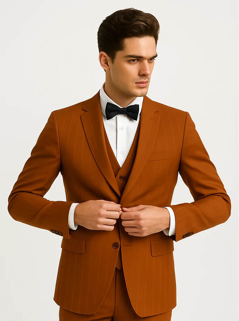 Tazzio Terracotta Orange Skinny Fit Pinstriped Suit for Men – Stylish Modern Suit - Image 8
