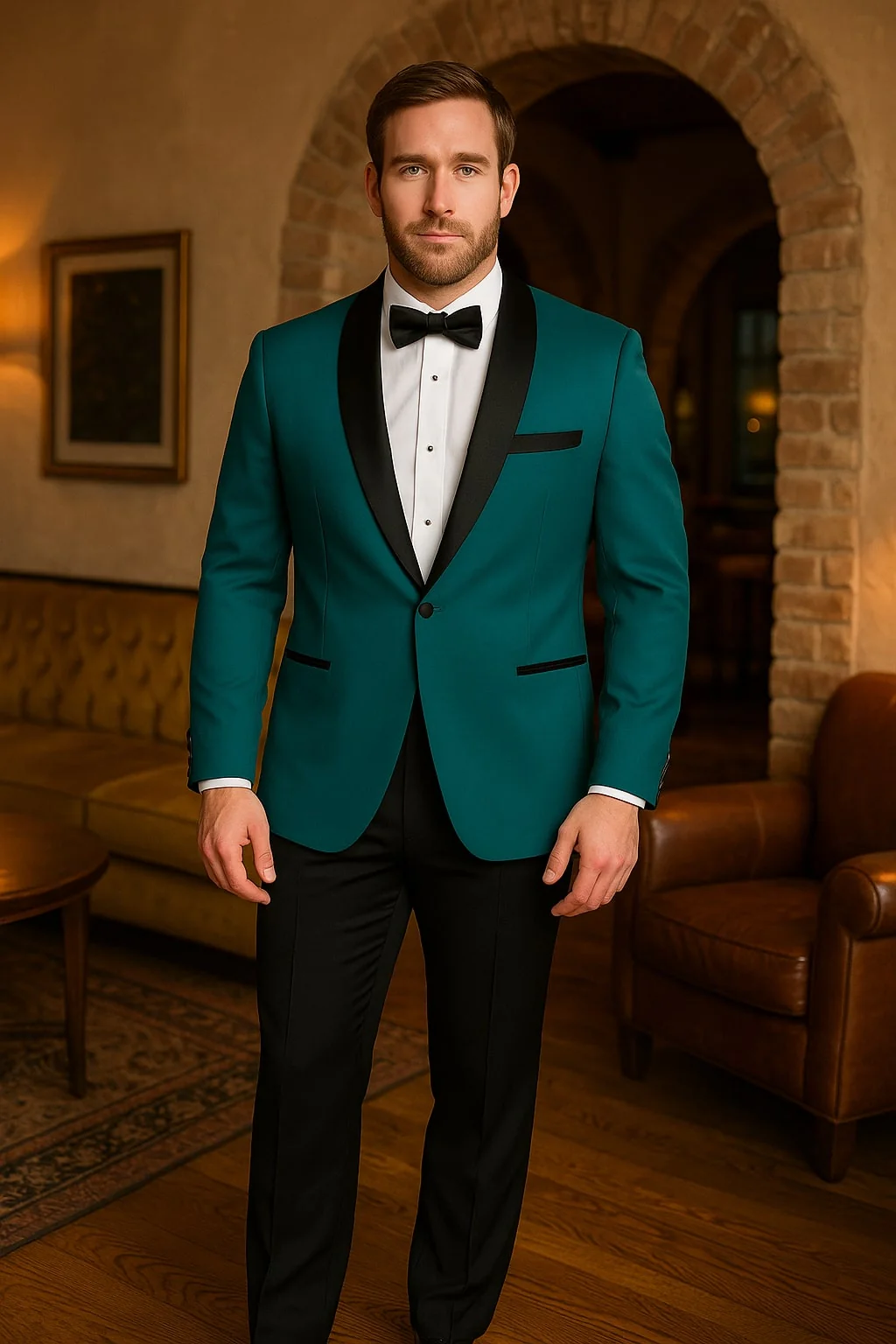 Teal Velvet Tuxedo for Men – One Button Black Satin Lapel Formal Suit with Bow Tie - Image 4