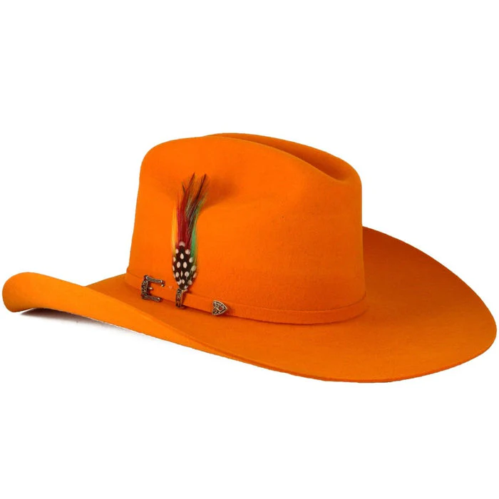 Texana Sombrero Vaquero para Mujer 100X Color Naranja con Plumas - Image 3