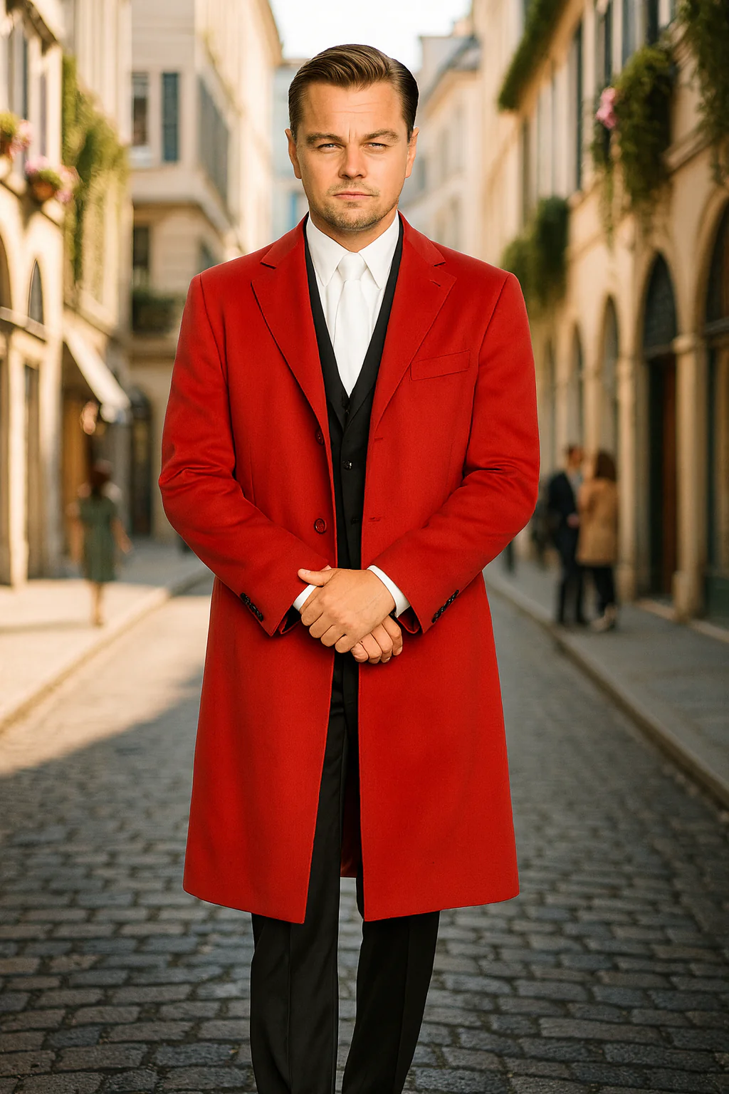 Three Buttons Red Wool Fabric Overcoat / Long men's Dress Topcoat - Winter coat - Image 3