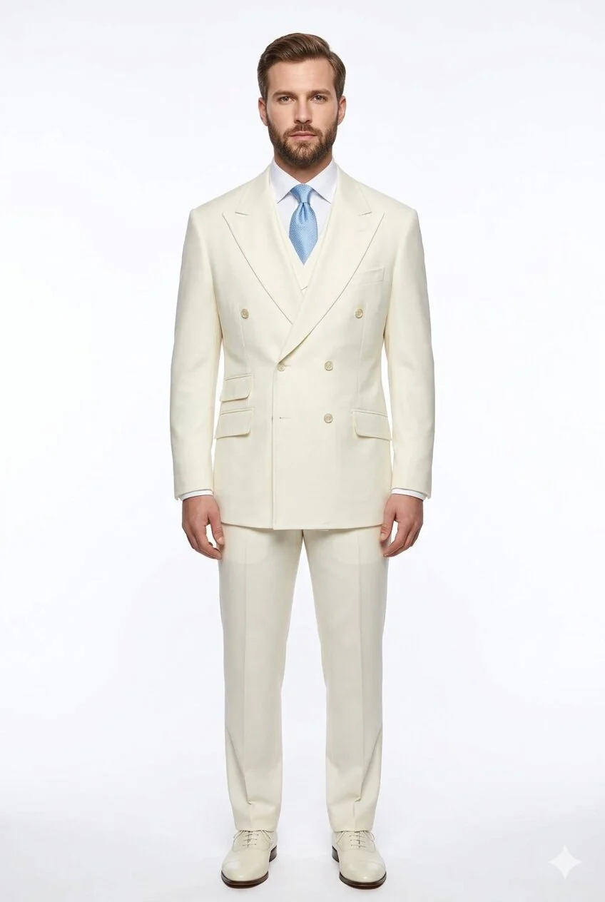 Tiglio Italian Suit - Real Wool Fabric Super 150's EST Off-White, Wide Leg Suit & Vest in Color Off-White