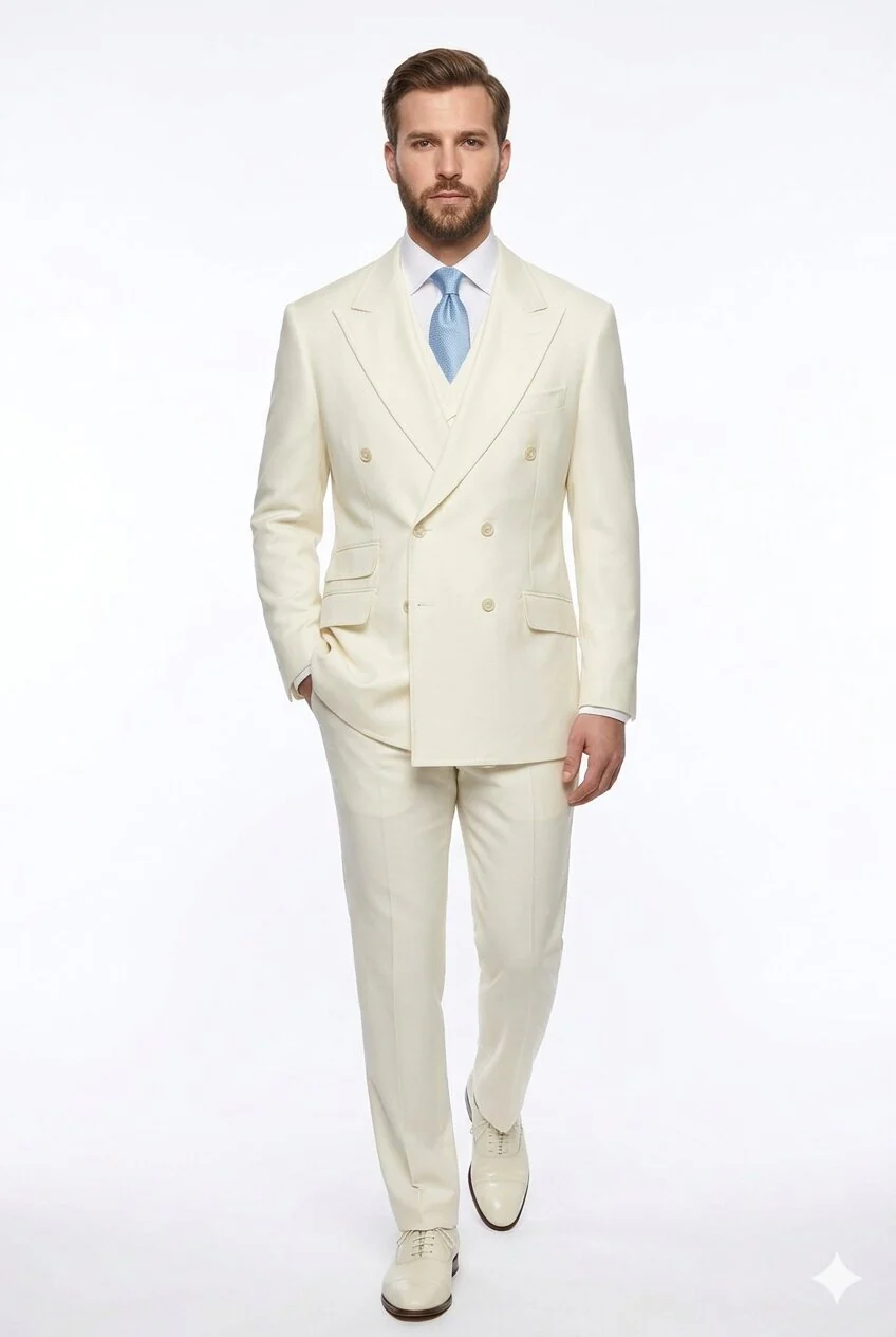 Tiglio Italian Suit - Real Wool Fabric Super 150's EST Off-White, Wide Leg Suit & Vest in Color Off-White - Image 5