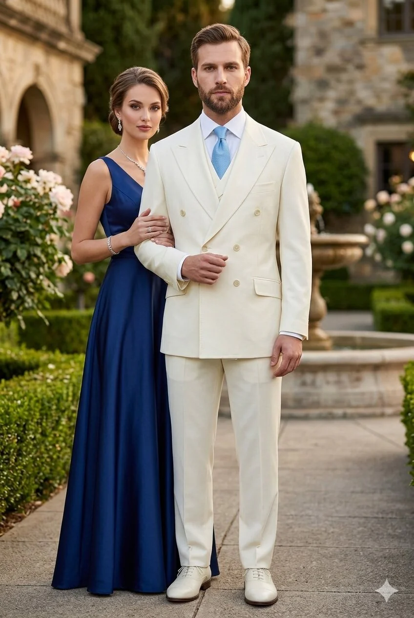 Tiglio Italian Suit - Real Wool Fabric Super 150's EST Off-White, Wide Leg Suit & Vest in Color Off-White - Image 6
